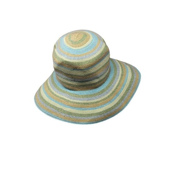 Flora Bella Pastel Floppy Wide Brim Straw‎ Beach Sun Hat Blue Green Striped - Picture 6 of 8